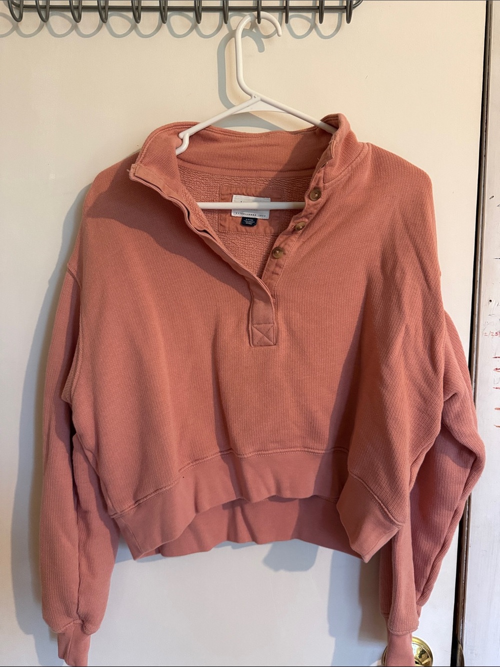 Salmon American Eagle Pink Button-Neck Cropped Sweatshirt